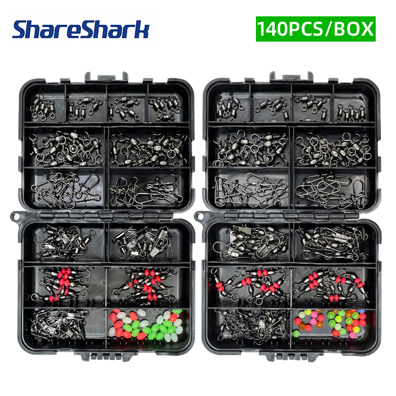Fishing Lure Spinnerbait - ชุดอุปกรณ์ตกปลา ShareShark 140 ชิ้น, ชุดลูกปัดกันหลุดสำหรับตกปลาพร้อมกล่องสีดำ, เหมาะสำหรับนักตกปลา